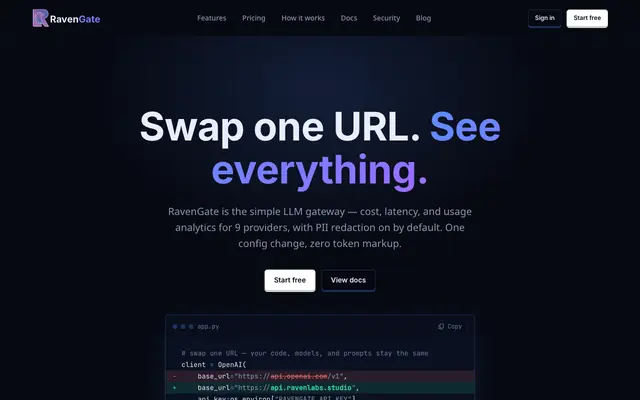 Screenshot of RavenGate — Simple LLM Gateway: Cost, Latency & PII Analytics