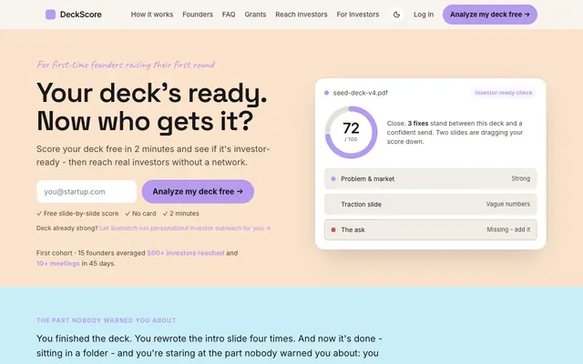 Screenshot of Score Your Pitch Deck Free in 2 Minutes - DeckScore