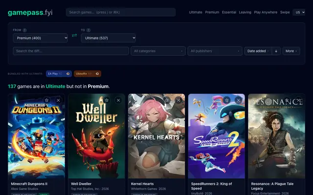 Screenshot of gamepass.fyi — Game Pass tier diff