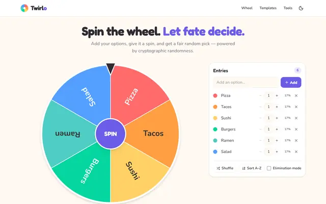 Screenshot of Spin the Wheel — Free Random Wheel Spinner | Twirlo