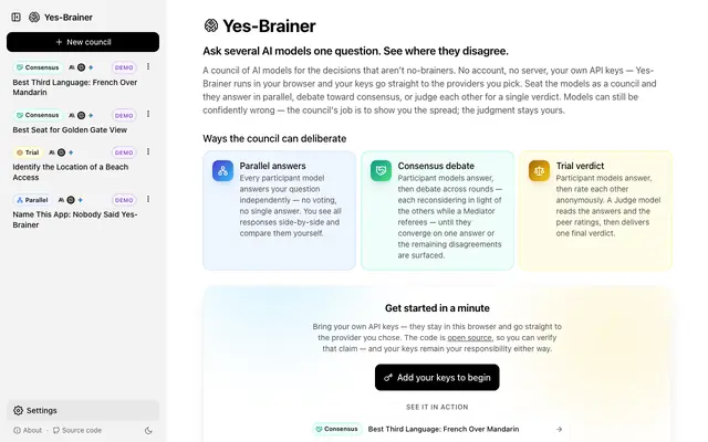 Screenshot of Yes-Brainer — a council of AI models for the decisions that aren’t no-brainers