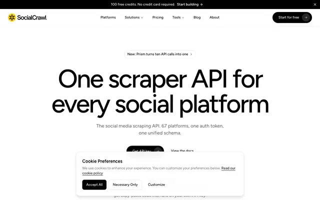 Screenshot of Social Media Scraper API: 44 Platforms | SocialCrawl