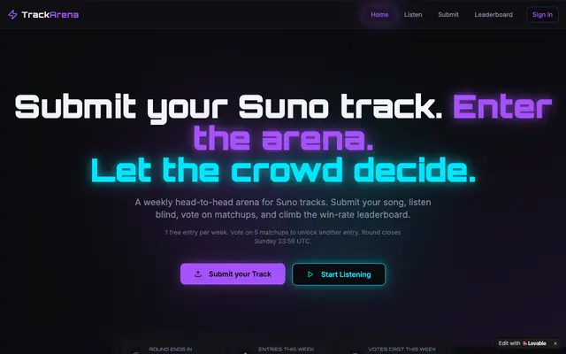 Screenshot of TrackArena — Weekly head-to-head arena for Suno tracks