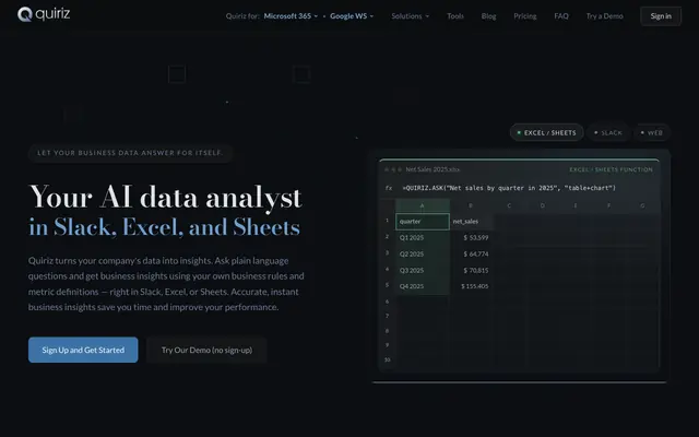 Screenshot of AI Data Tools for Teams | Quiriz — Your Data, Answered Instantly