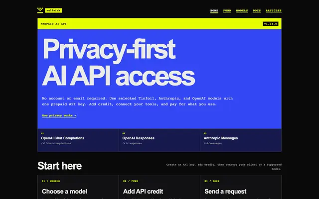 Screenshot of nullsink: anonymous LLM proxy