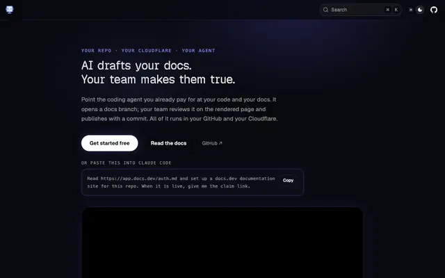Screenshot of docs.dev — AI drafts your docs. Your team makes them true.