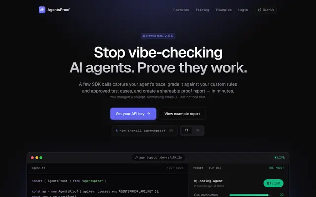 Screenshot of AgentsProof — One decorator. A shareable eval report.