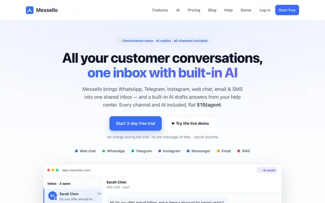 Screenshot of Omnichannel customer support with built-in AI — Messello