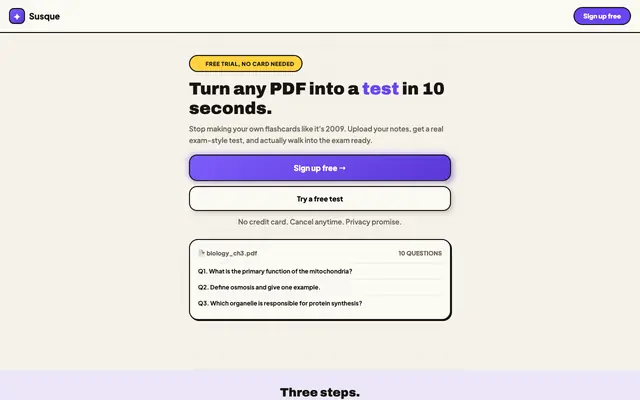 Screenshot of Susque — Turn any PDF into a test