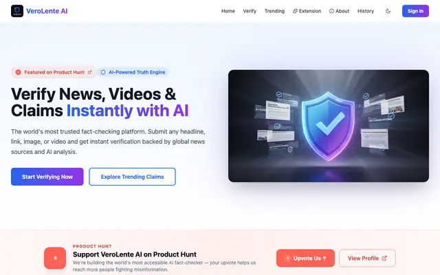 Screenshot of VeroLente AI - Verify News, Videos & Claims Instantly with AI