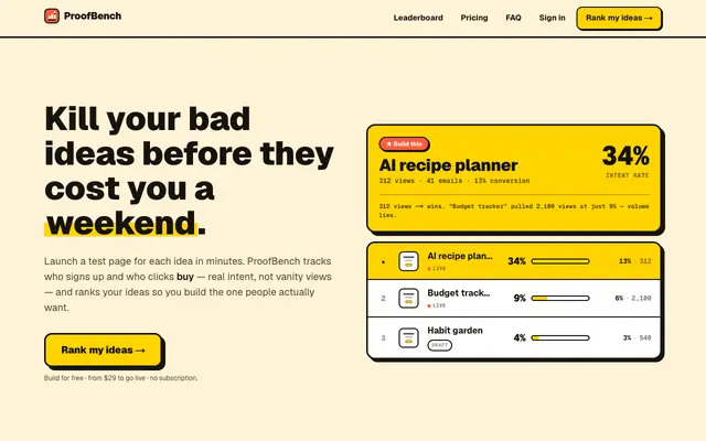 Screenshot of ProofBench — Know which idea to build, before you build it