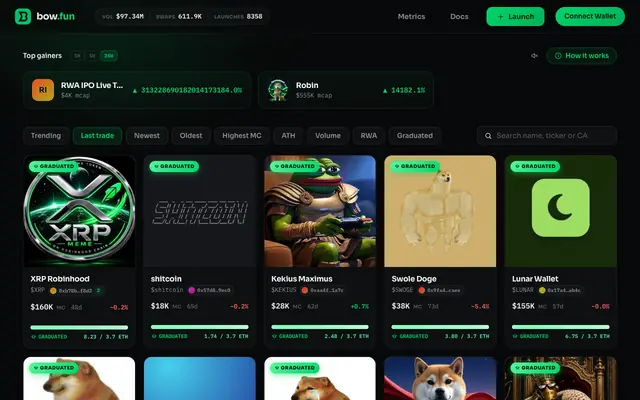 Screenshot of bow.fun — fair launches on Robinhood Chain