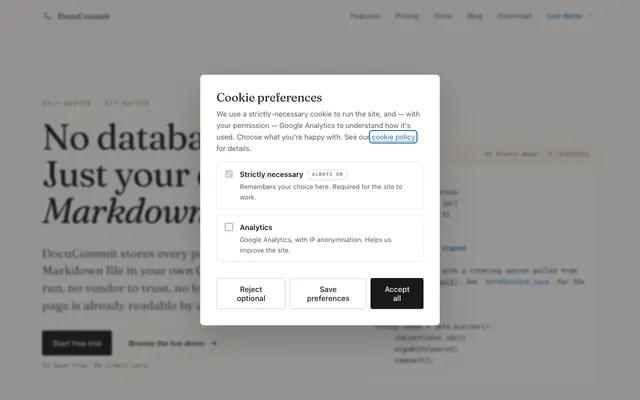 Screenshot of DocuCommit · Docs as Markdown in your Git · No database, no lock-in