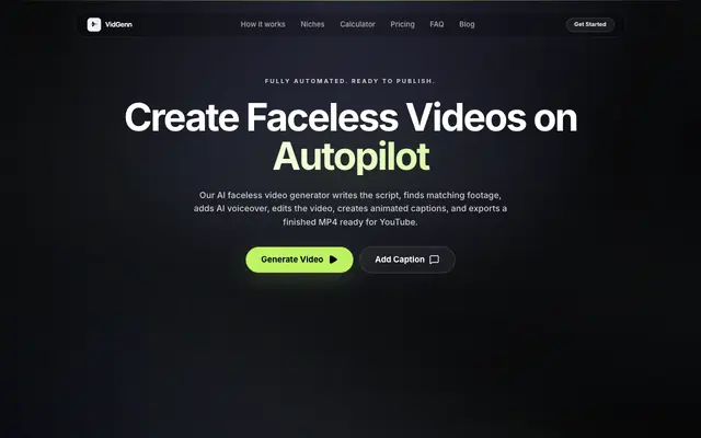 Screenshot of VidGenn · AI Faceless Video Generator — Captions for YouTube & TikTok