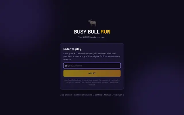Screenshot of BUSY BULL RUN — The $JAMES Endless Runner on Monad