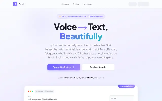 Screenshot of Scrib | Free AI Transcription for Indian Languages (Hindi, Tamil and 39 more) |