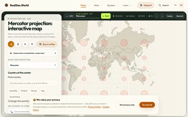 Screenshot of Mercator Projection map | RealSize.World