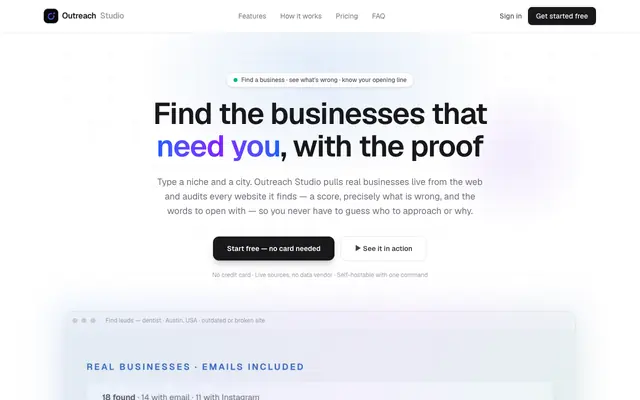 Screenshot of Outreach Studio — AI outreach that finds, writes, and follows up