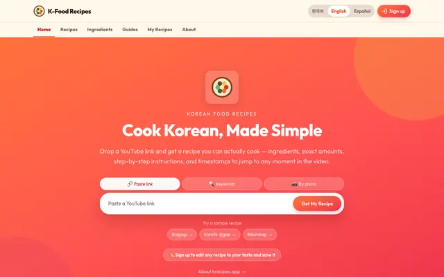 Screenshot of Korean Food Recipes — Turn any cooking video into a recipe