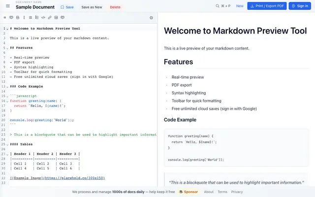 Screenshot of Docly — Free Online Markdown Editor with Live Preview & PDF Export