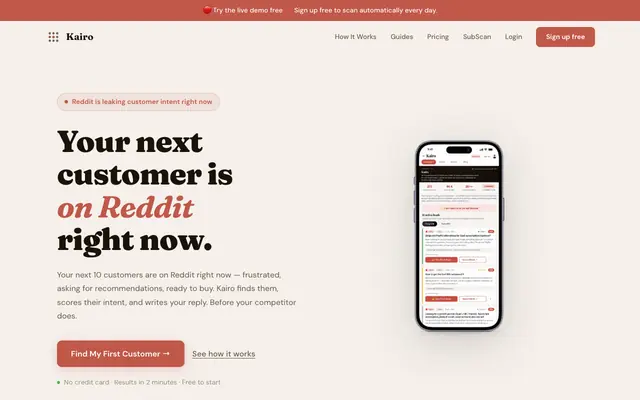 Screenshot of Kairo — Find Customers Already Looking For You