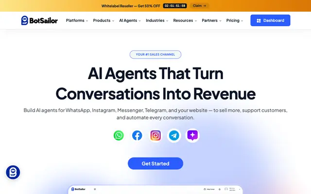 Screenshot of AI Agents & Automation for WhatsApp, Social Media & Websites | BotSailor