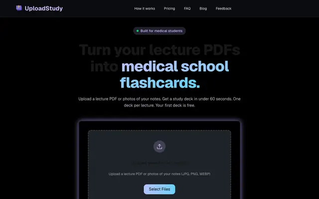 Screenshot of UploadStudy — AI Flashcards from PDF & Notes