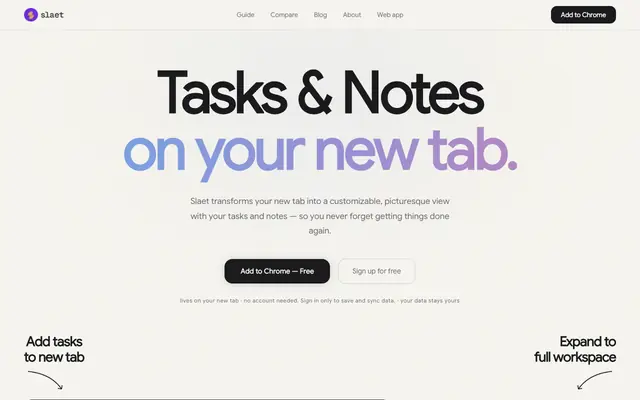 Screenshot of Slaet — Custom New Tab Wallpaper, To-Do, Notes & Reminders | Free Chrome Extensi