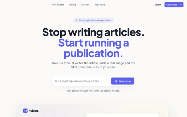 Screenshot of Publizo, the autopilot for niche publishers and SEO sites