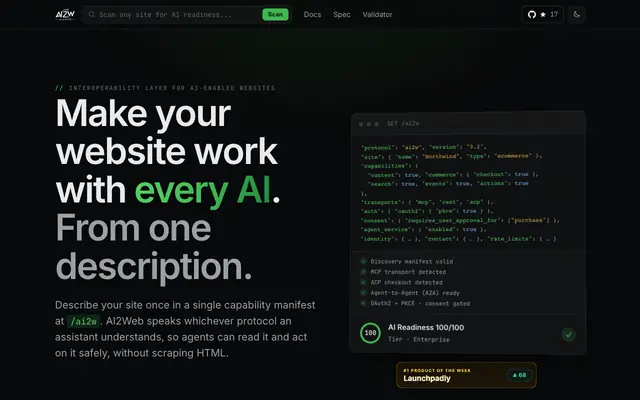 Screenshot of AI2Web - Make your website work with every AI, from one place