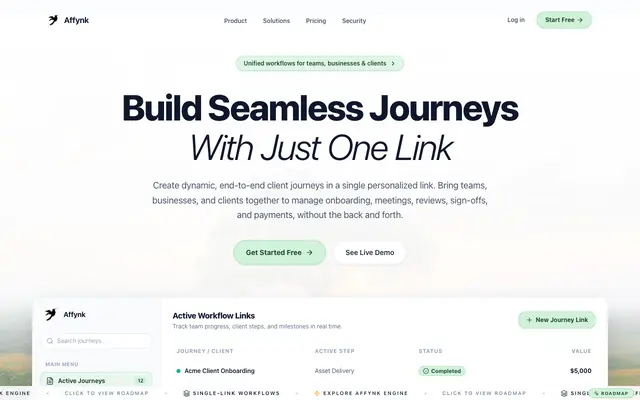 Screenshot of Affynk | One Link: Pitch, Book, Sign, Get Paid, Onboard