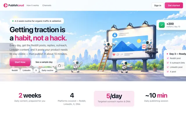 Screenshot of PublishLoud | Daily marketing for founders