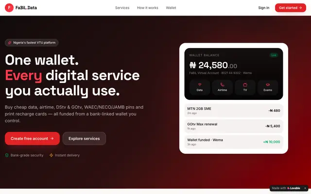 Screenshot of FaBiL Data — Cheap Data, Airtime, TV & Exam Pins in Nigeria