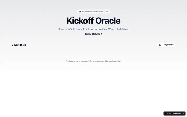 Screenshot of Kickoff Oracle — AI Soccer Predictions for Tomorrow