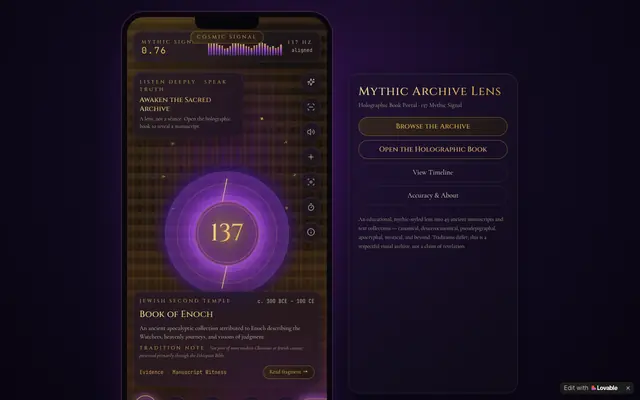 Screenshot of Mythic Archive Lens — Holographic Book Portal