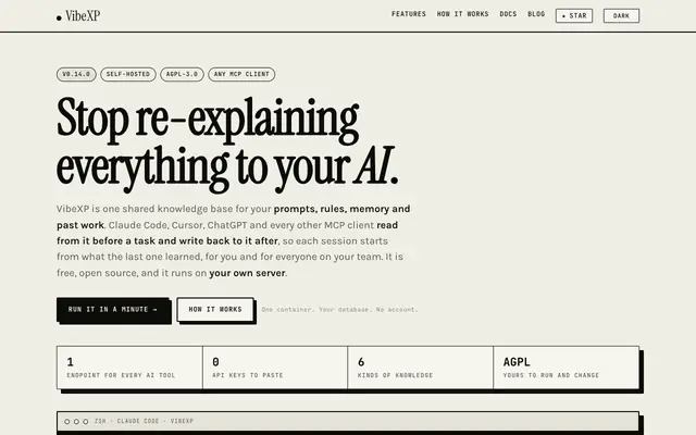 Screenshot of VibeXP - The Shared Knowledge Base Your AI Builds On