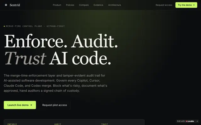 Screenshot of SentrAI — Enforcement & audit for AI-assisted code