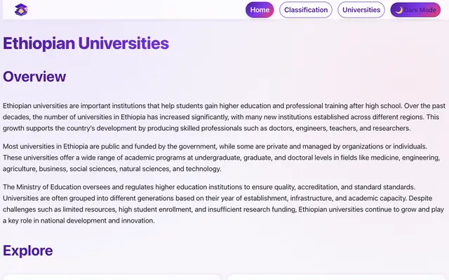 Screenshot of Ethiopian Universities — Home