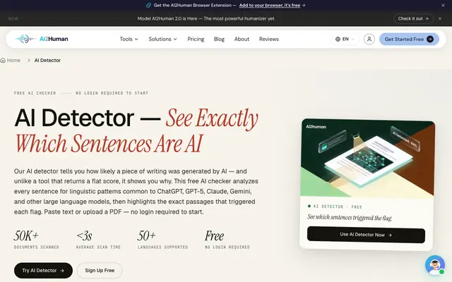 Screenshot of AI Detector — Free AI Checker for ChatGPT, GPT-5 & Claude