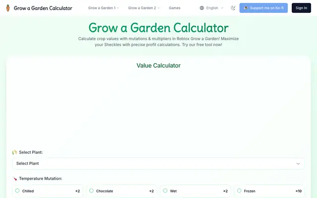 Screenshot of Grow a Garden Calculator | Roblox Crop Value Tool