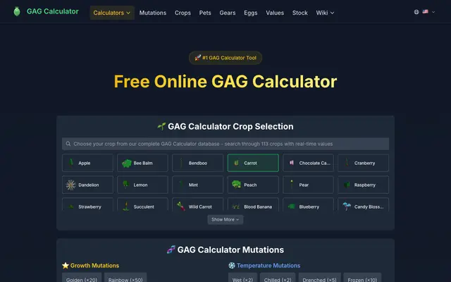 Screenshot of GAG Calculator – Fast Grow-a-Garden Value & Mutation Tool