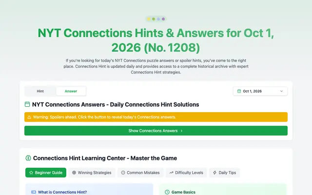 Screenshot of NYT Connections Answers & Hints | Connections Hint