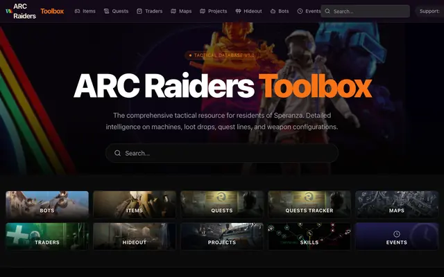 Screenshot of ARC Raiders Toolbox | Items, Quests, Maps, Projects, Hideout