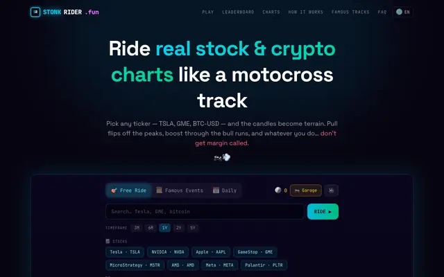 Screenshot of StonkRider.fun — Ride Stock & Crypto Charts as Racing Tracks