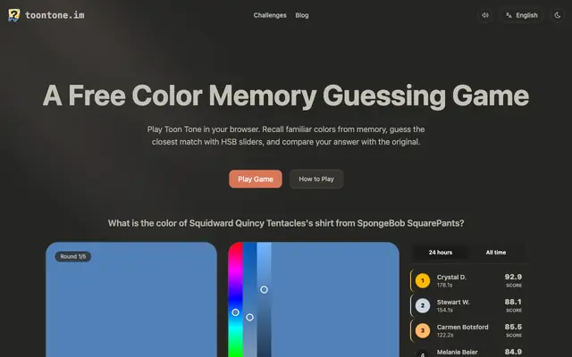 Screenshot of Toon Tone Color Memory Guesser Game | toontone.im