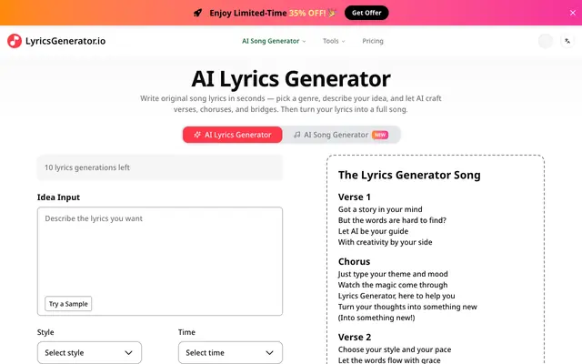 Screenshot of AI Lyrics Generator - Free Song Lyrics Maker | LyricsGenerator.io