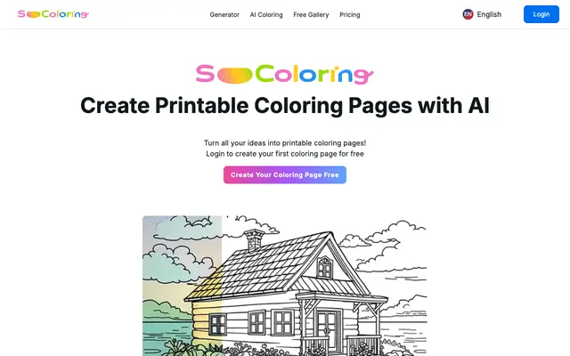 Screenshot of Printable Coloring Page AI Generator | SoColoring