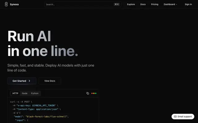 Screenshot of Synexa AI: Deploy AI Models in One Line of Code