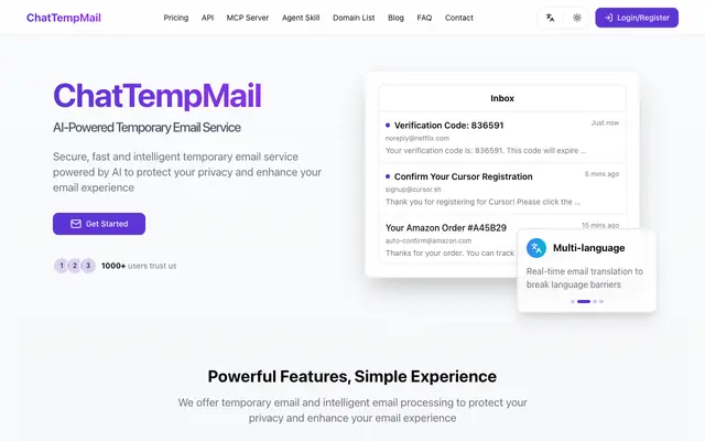 Screenshot of ChatTempMail - AI-Powered Temporary Email Service
