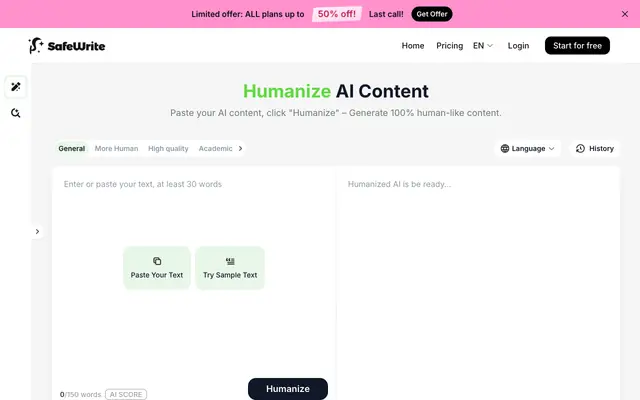Screenshot of SafeWrite: Personalized AI Humanizer